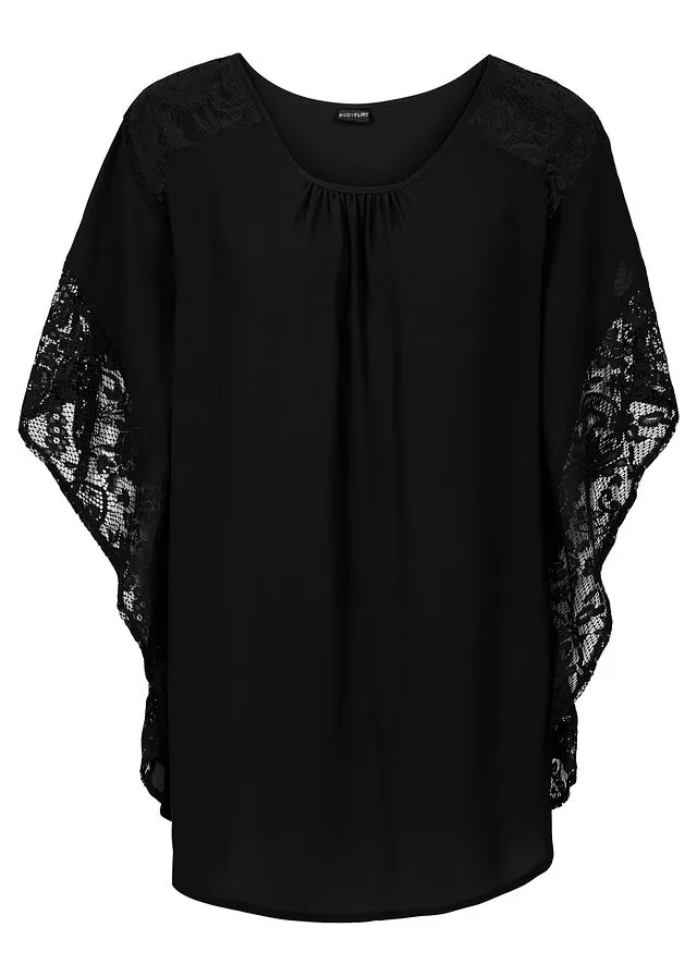 Blusa con detalles de encaje de poliéster reciclado Negro
