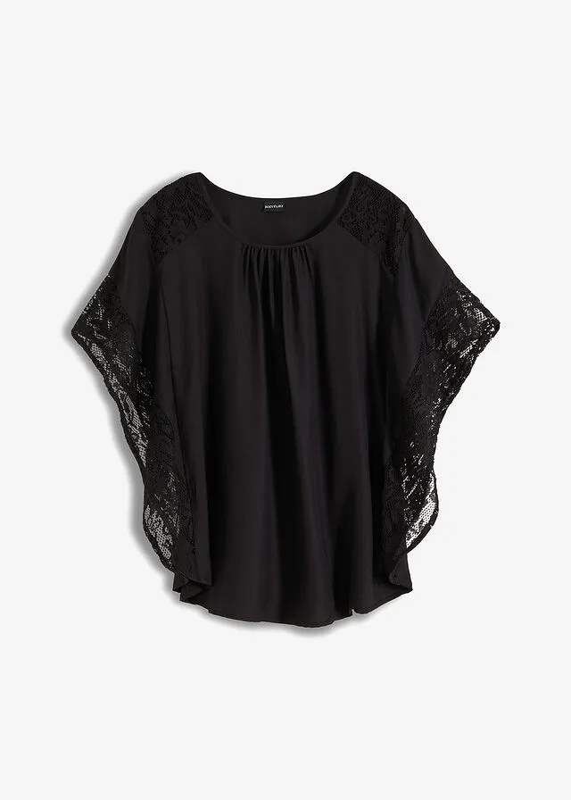 Blusa con detalles de encaje de poliéster reciclado Negro