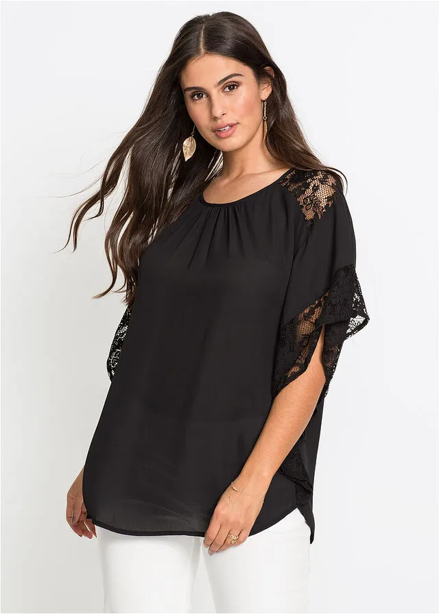 Blusa con detalles de encaje de poliéster reciclado Negro