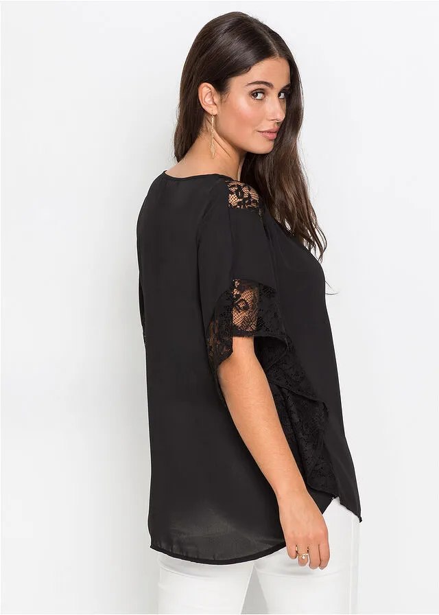 Blusa con detalles de encaje de poliéster reciclado Negro