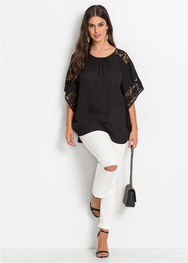 Blusa con detalles de encaje de poliéster reciclado Negro