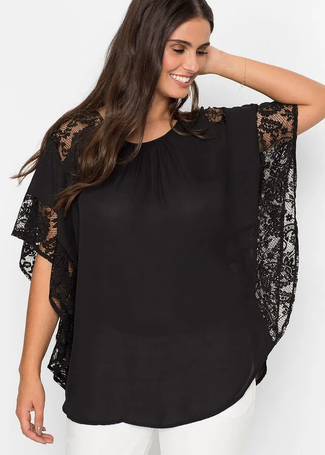 Blusa con detalles de encaje de poliéster reciclado Negro