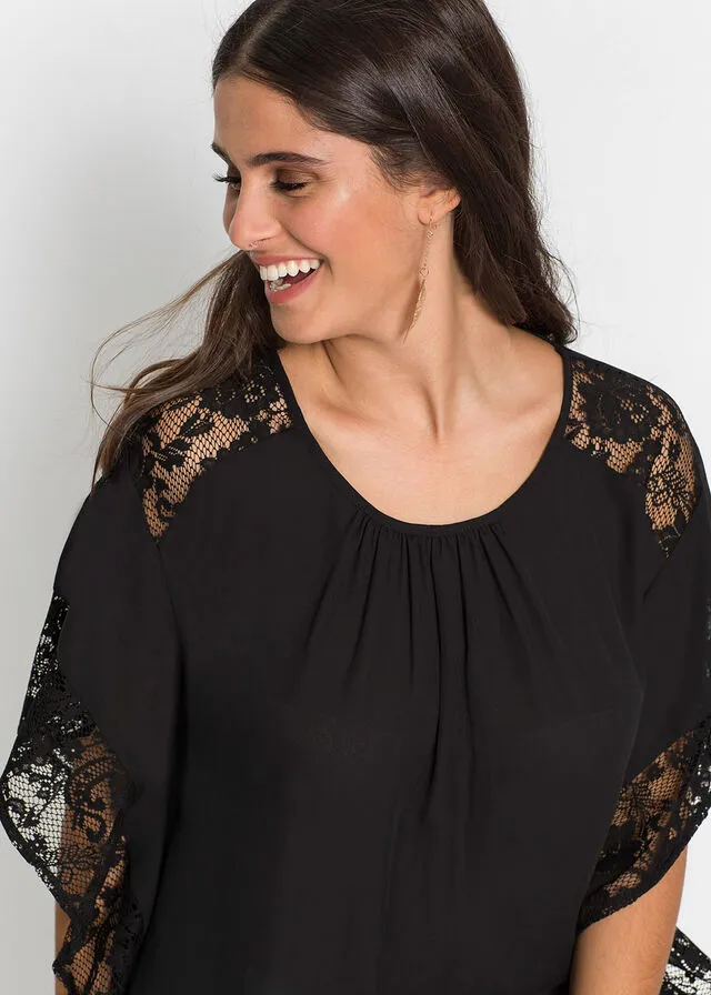 Blusa con detalles de encaje de poliéster reciclado Negro