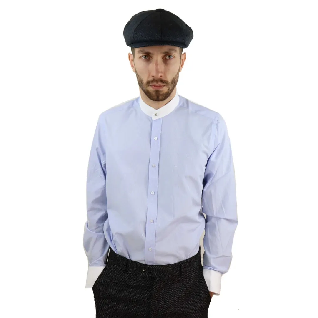 Camisa Blinders con tejido espiga con cuello Nehru extraíble y botón de centavo para hombres