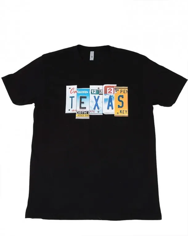 Camiseta negra matrícula coche Texas para hombre