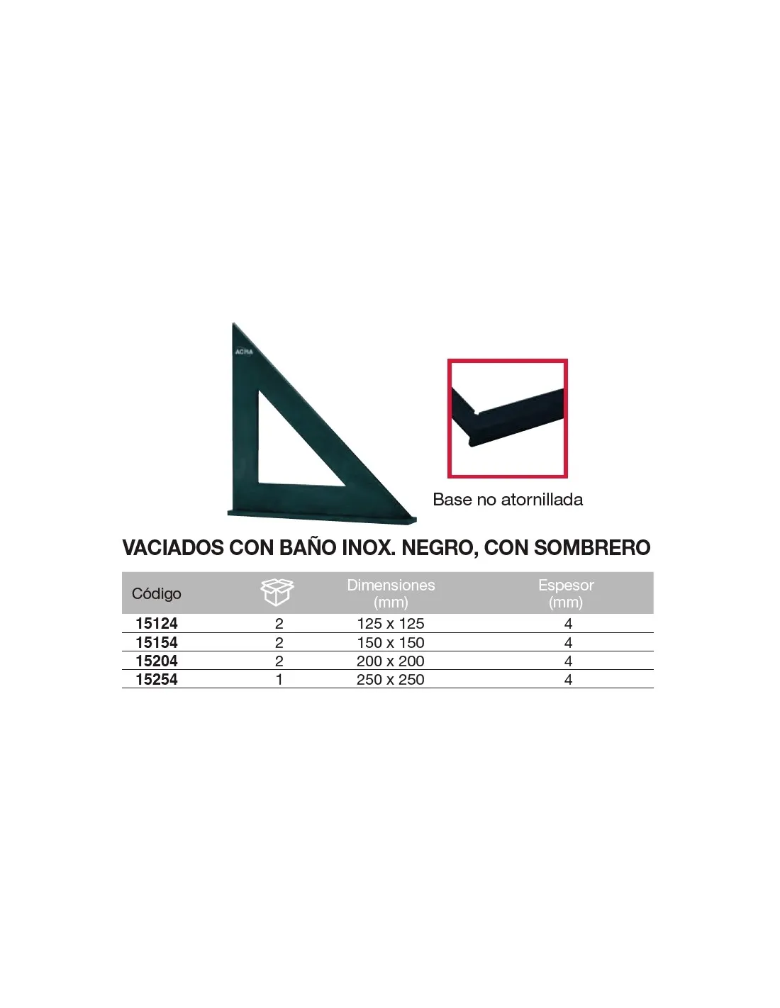 Cartabón vaciado con baño inox. negro, con sombrero  150 x 150mm