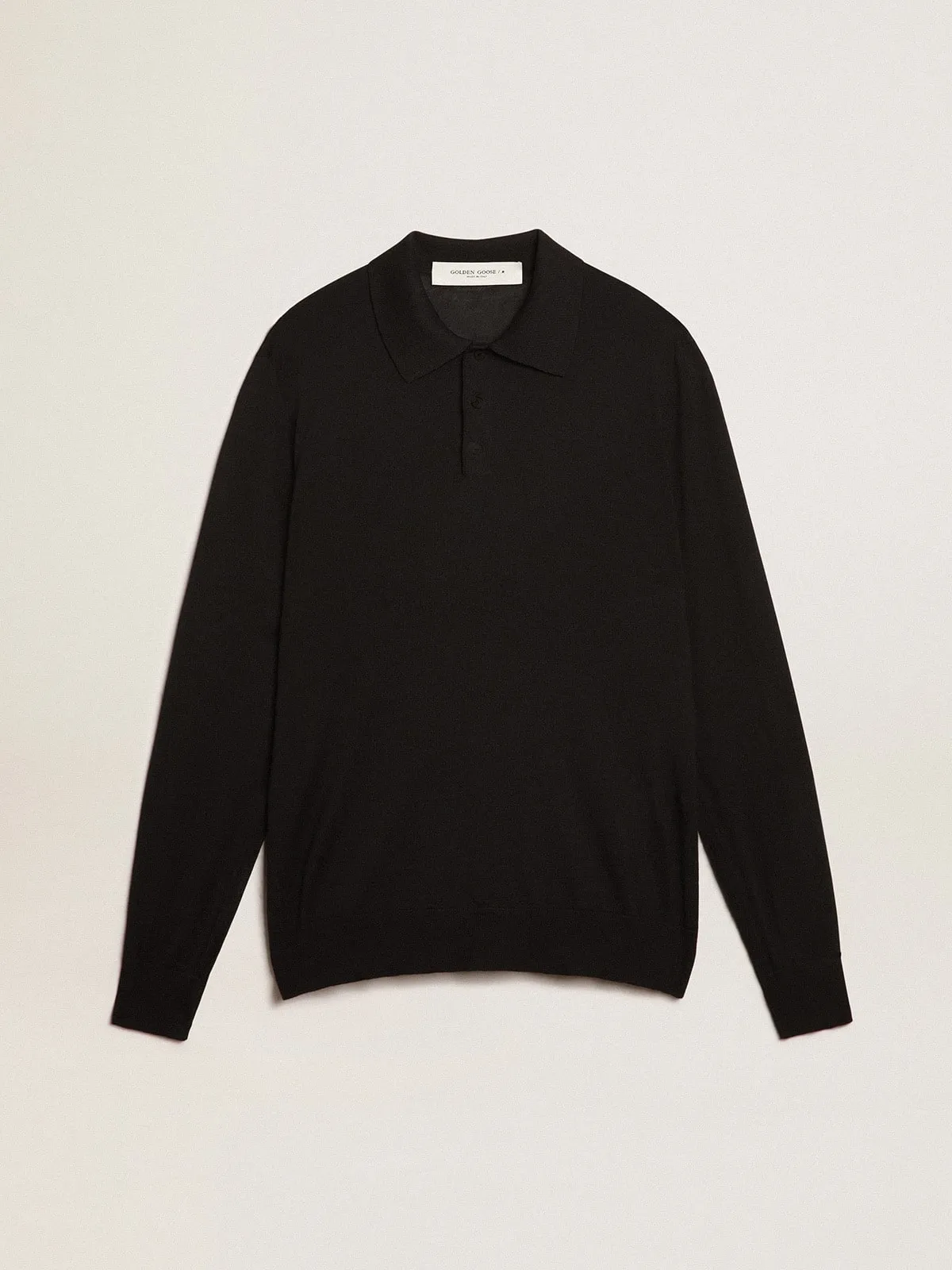 Polo de manga larga de hombre en lana merina de color negro