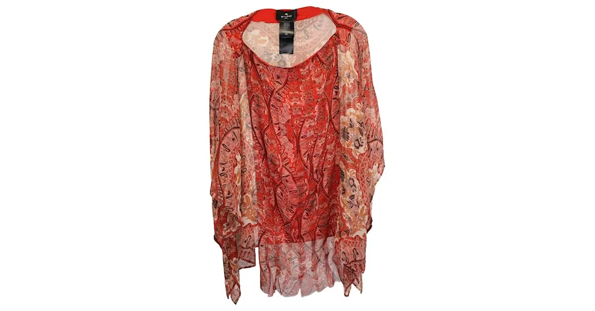 Túnica poncho de manga kimono de seda roja Etro Brocade 