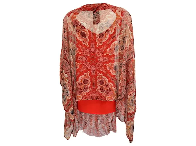Túnica poncho de manga kimono de seda roja Etro Brocade 