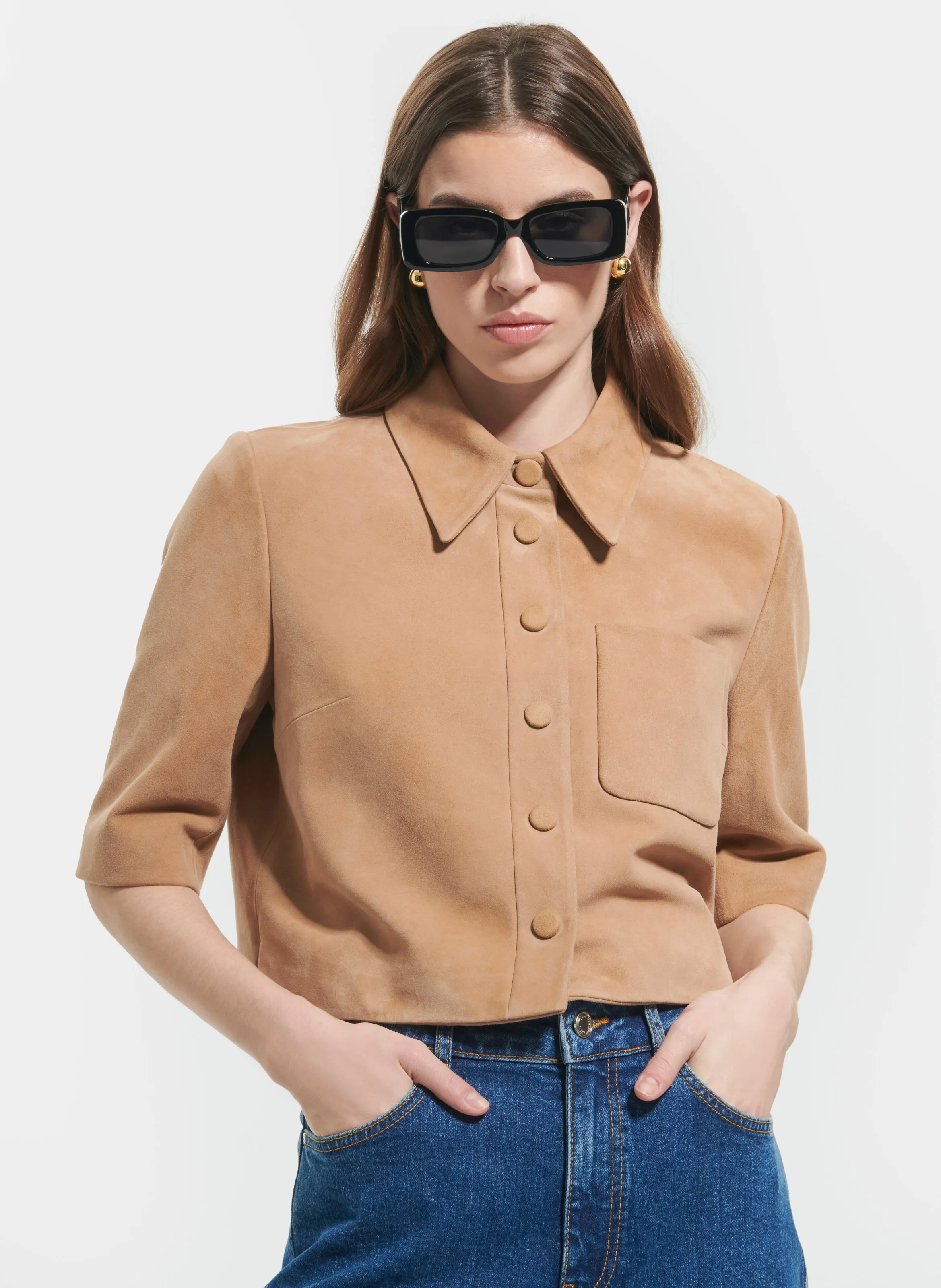 ZAPA CELINA  CAMISA CORTA RECTA DE CUERO DE GAMUZA EN BEIGE