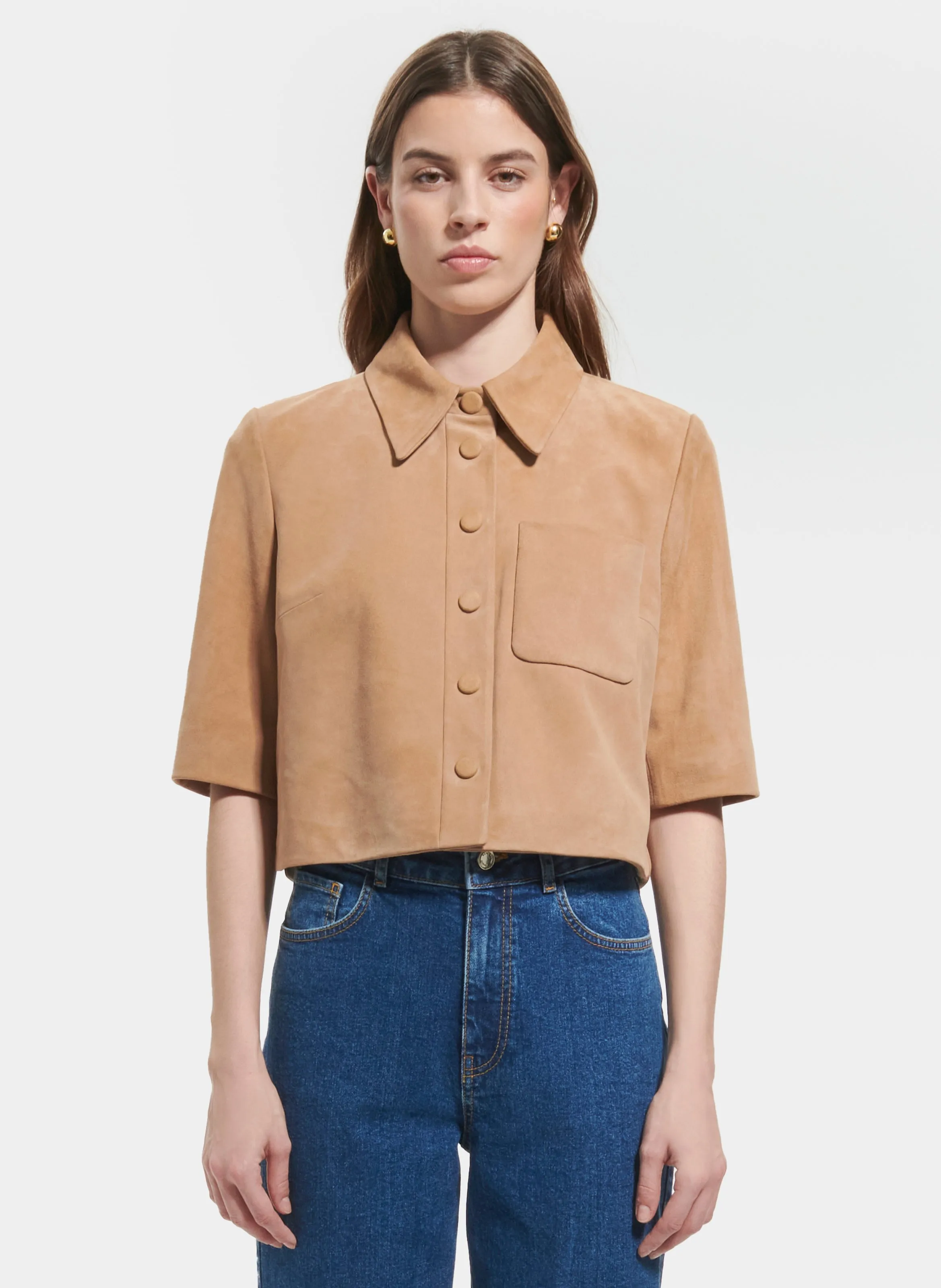 ZAPA CELINA  CAMISA CORTA RECTA DE CUERO DE GAMUZA EN BEIGE